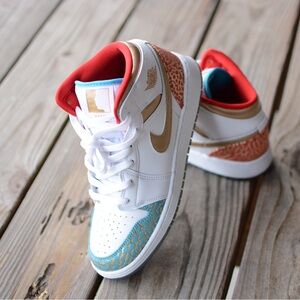 Nike Kids Shoes - White, Gold, Red, and Blue